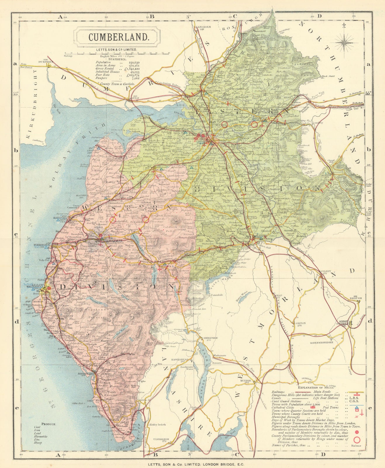 Cumberland Cumbria county map showing Post Towns & Market Days. LETTS 1884